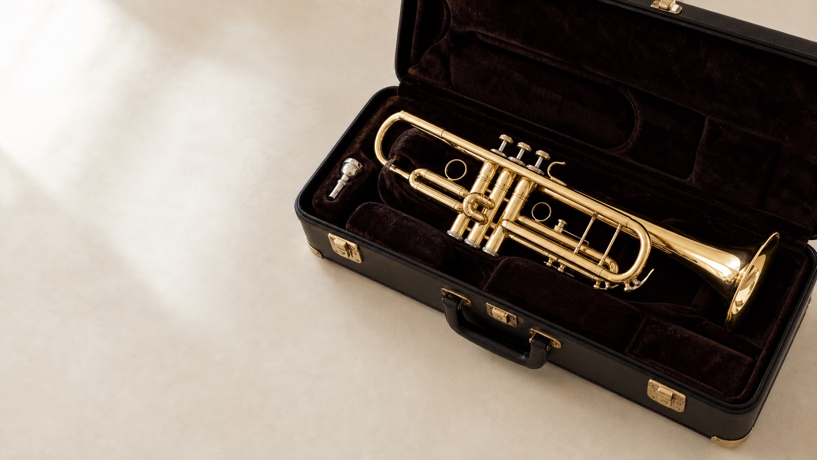 Eine goldene B-Trompete in ihrem geöffneten Instrumentenkoffer